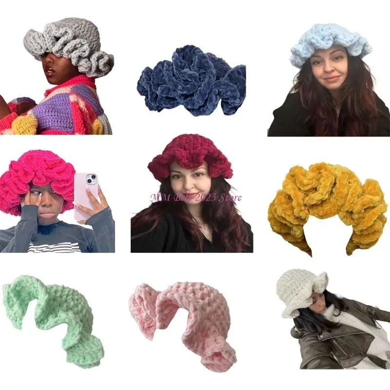 49me-手作り特大帽子手織りフラウンスかぎ針編み帽子音楽祭用