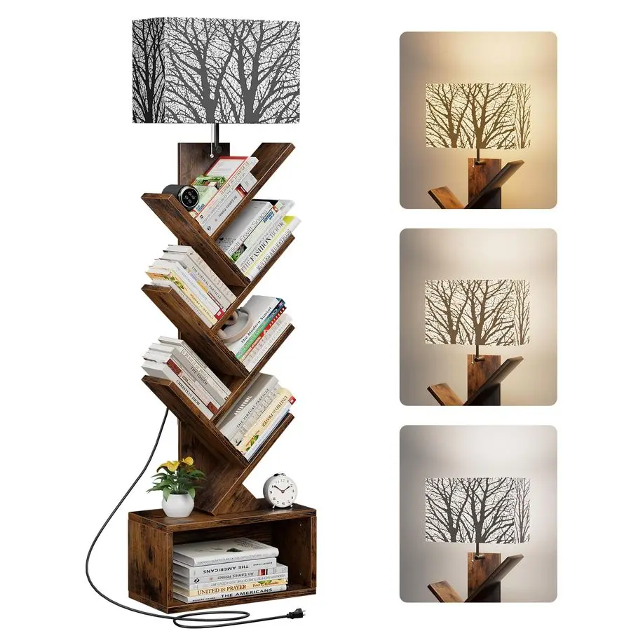 

Tree Bookshelf with Light, 6 Tier Small Bookcase, Narrow Floor Standing Book Tower Organizer with Storage Cabinet for Living Ro