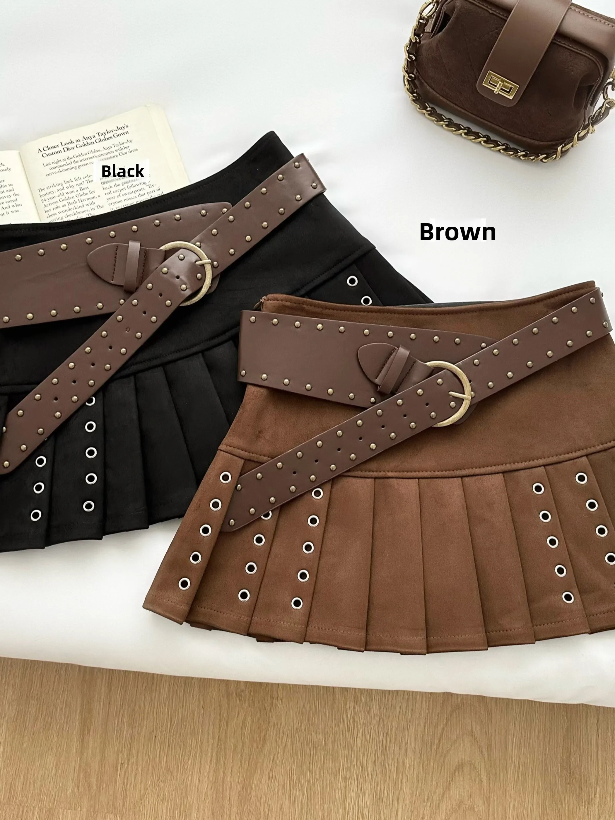 

High Waist Plaid Deer Skin Velvet f Skirt Women's Faionable Belted Midi Skirt Slimming Sle Autumn Season Polyester Fiber