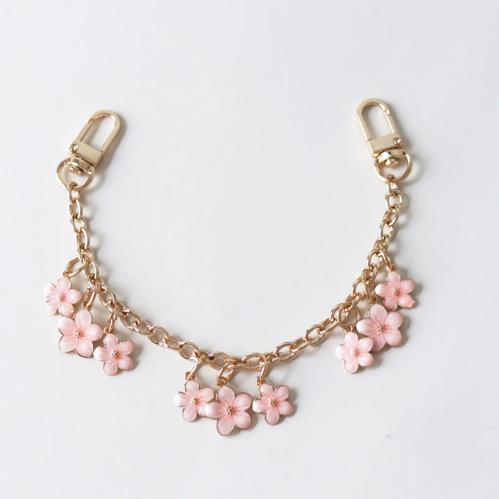 핸드 손목 스트랩 휴대폰 랜야드 골드 메탈 키 체인 가방, 매력 장식 가방, 확장 체인, 반짝이는 핑크 꽃 펜던트