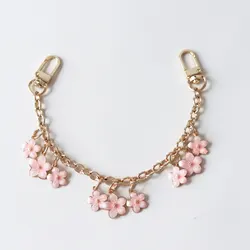 Hand Wrist Strap phone Lanyard golden Metal keychain bag charm decoration bag extended Chain Shinny pink flower pendant