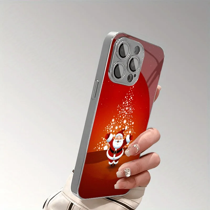 Casing Ponsel Berpola Natal Santa Claus Manusia Salju Berlapis Kaca Elektroplating Untuk iPhone 17 16 15 14 13 12 Pro Max Plus 16E 17 Air Cover