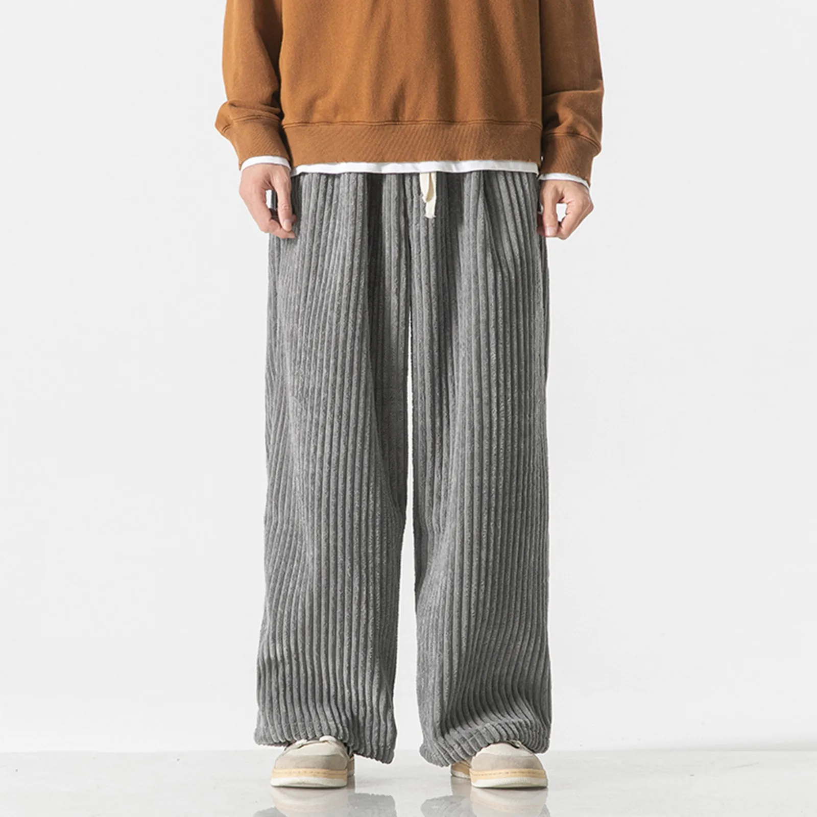 

2024 New Summer Vintage Soft Stretch Stripe Corduroy Pants Men Thick Elastic Waist Korea Baggy Straight Work Jogger Trousers