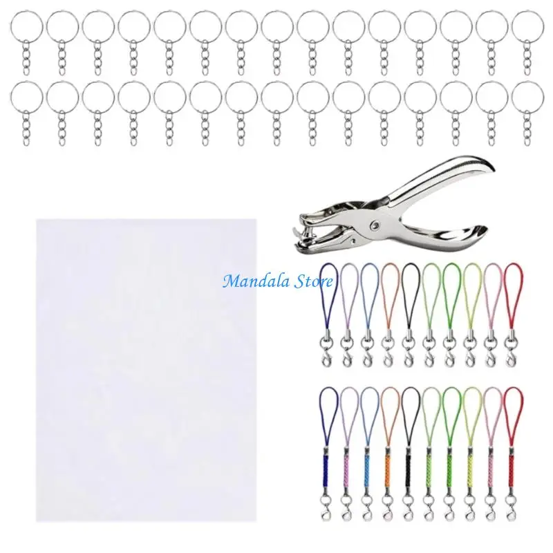 U2JC 141Pcs Plastic Shrink Plastic Paper Set for Handmade Keychains Includes Hole Puncher and Colorful Sheets