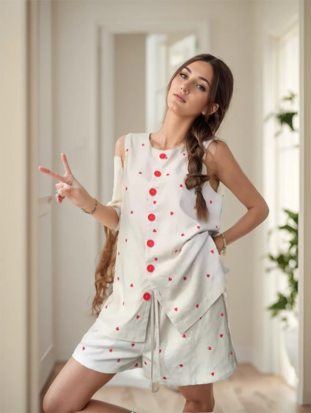 Retro Sweetheart Embroidered Heart Two-Piece Set for Women Summer Loose Sleeveless Tops High-Waist Ruffled Vacation Outfit