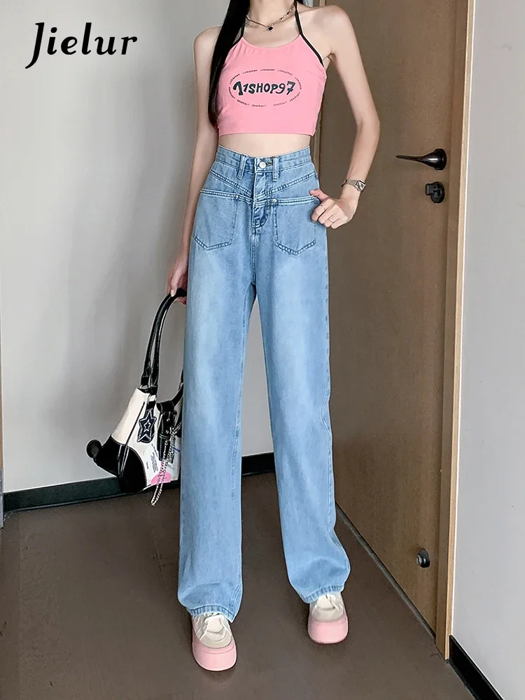 

Jielur Fashion Loose Jeans Women Light Blue Wide-leg Jeans Summer High Waist Denim Pants Y2k Korean Style Vintage Jeans Female