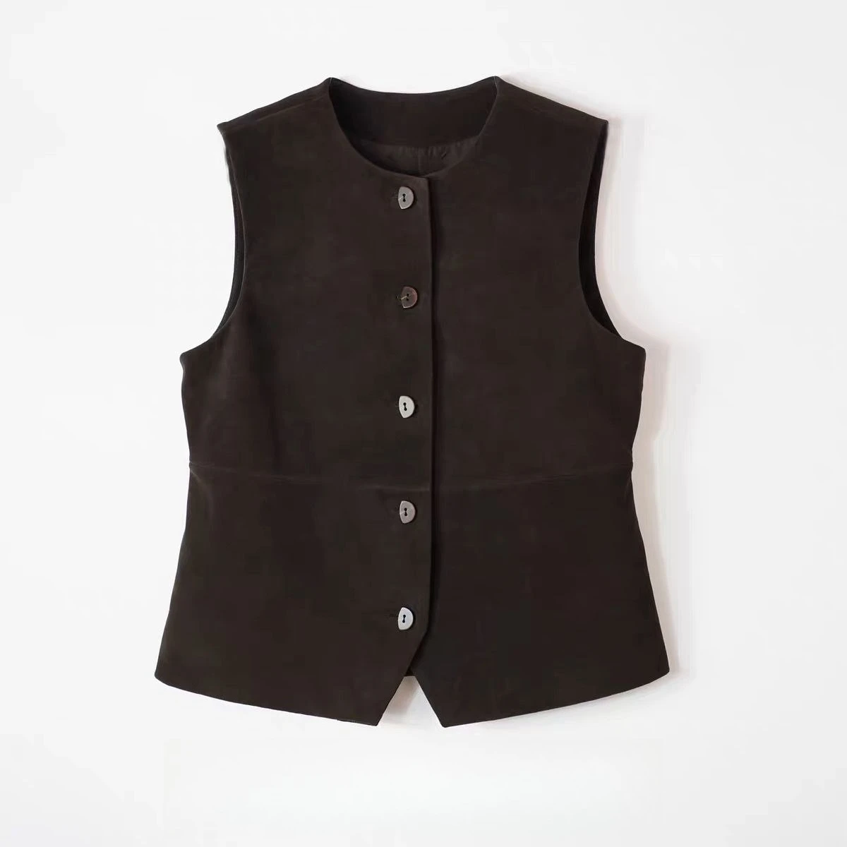 Retro Kid Suede Leather 100% Sheepskin Top Clothing for Women Genuine Leather Vest Short Style British Round Neck Layered Lrregu
