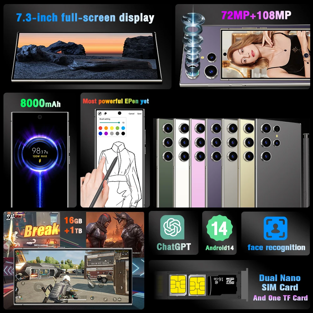 حار 2026 جديد الوسادة S27 الترا اللوحي 7.3 بوصة HD أندرويد 14 16 جيجابايت + 1 تيرا بايت 8000 مللي أمبير بطارية 4G 5G المزدوج سيم بطاقة واي فاي لتحديد المواقع جوجل تبويب