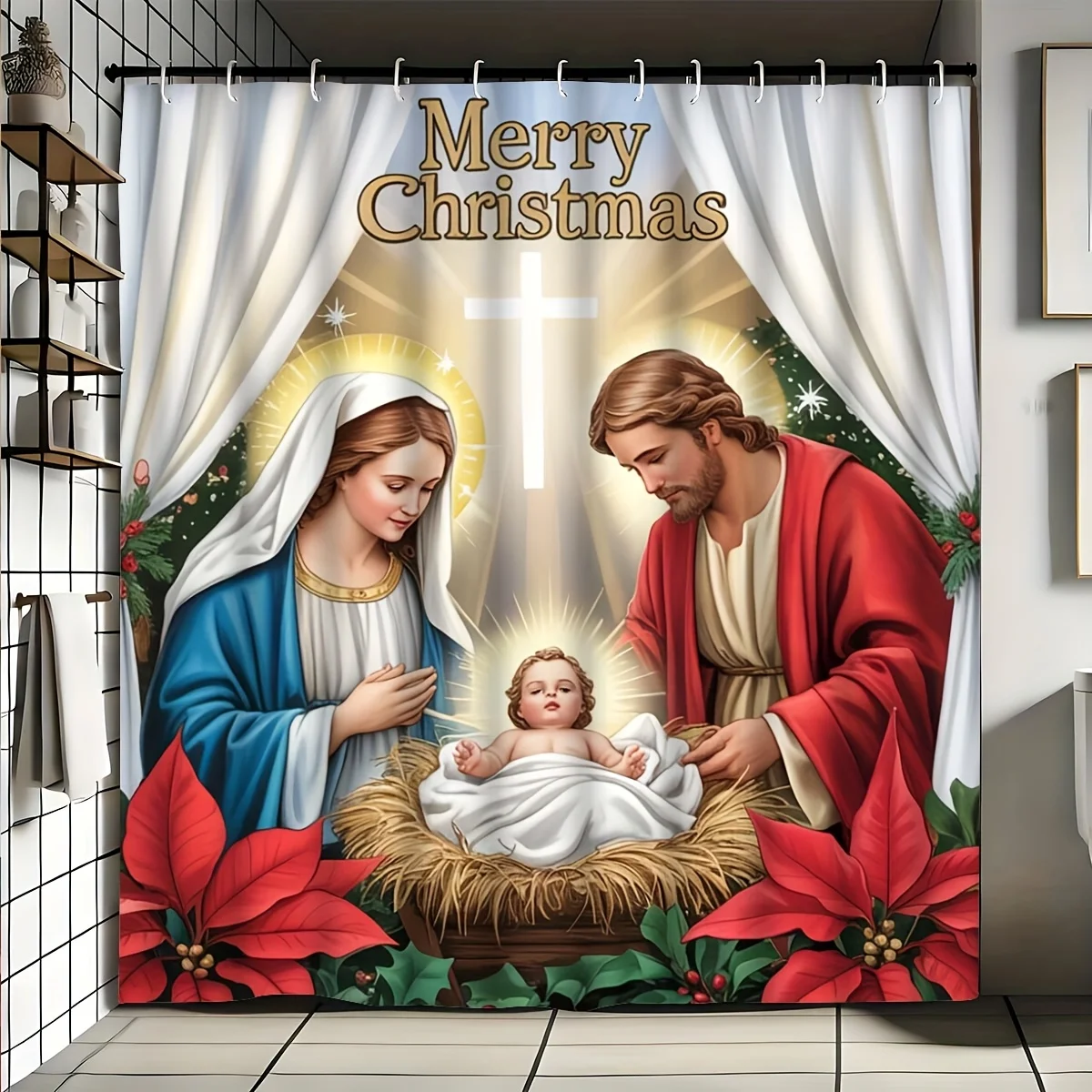 4Pcs Creative Heavenly Bathroom Set,Christmas Shower Curtain with 12 Hooks, Non-Slip Mats & U-Shape Rug, Toilet Seat Cover