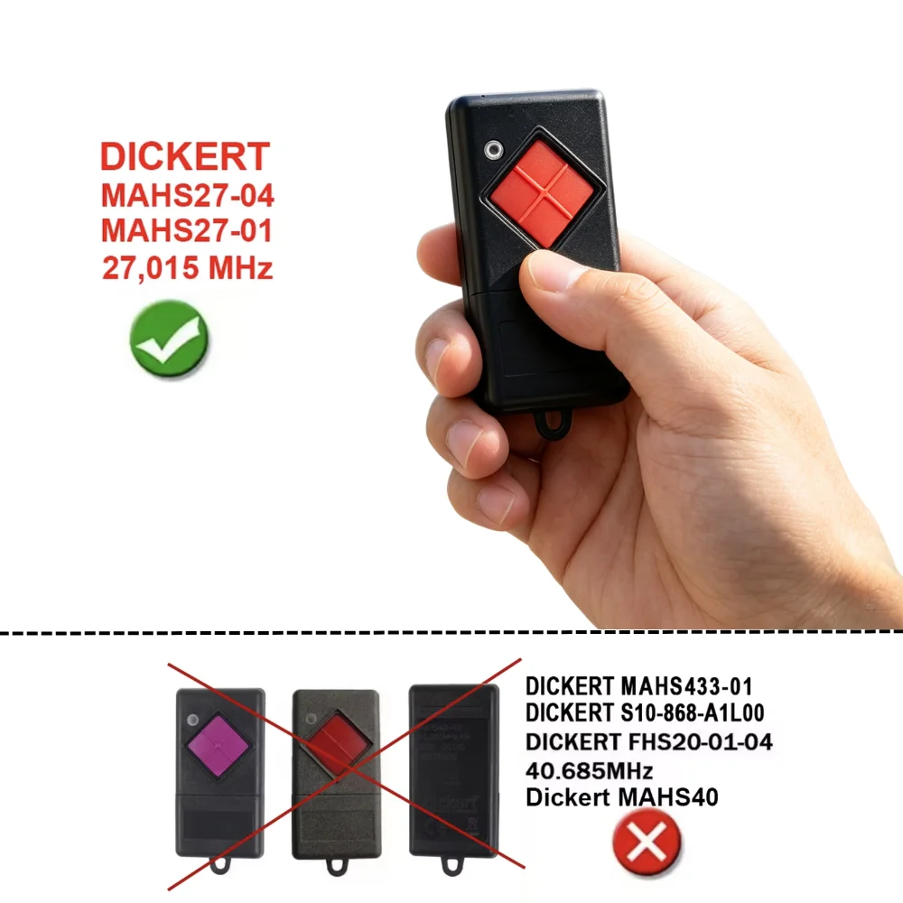 100% Compatible 27.015 MHz DICKERT MAHS27-01 MAHS27-04 Garage Remote Control 27MHz Red Button DICKERT Handheld Transmitter