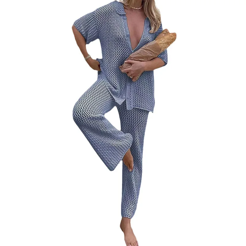 Suimsuit Cover up Beach 2024 Knitted Hollow Out cardigan Top Straight Home Pants Sets High-Waist Bottoms Suit Sexy Streetwear