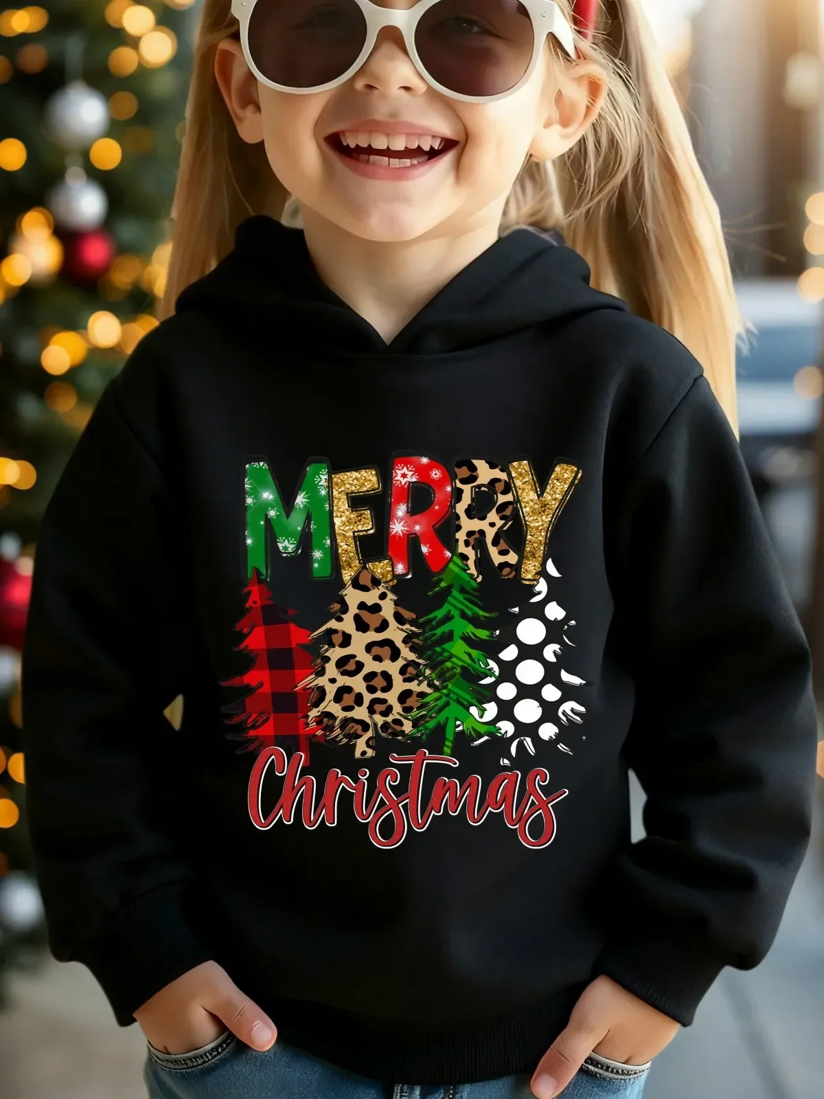 Children's Christmas Hoodie Autumn/Winter Warm Hoodie Merry Christmas Leopard Plaid Tree Printed Top