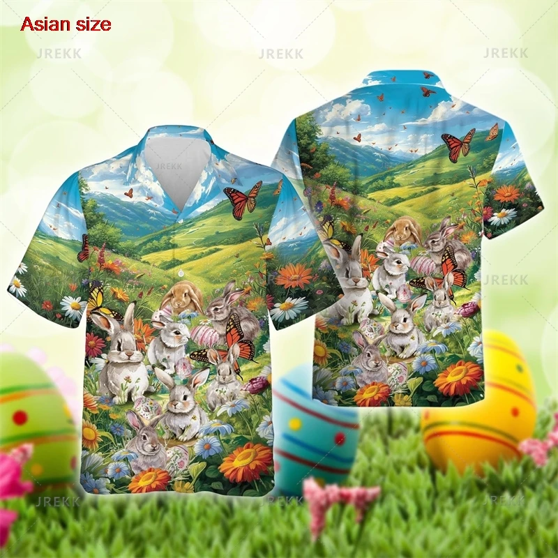 Summer 3D Cute Rabbits Eggs Happy Easter Day Print Man Shirts Fashion Funny Short Men Hawaiian Harajuku Tops Camisas De Hombre