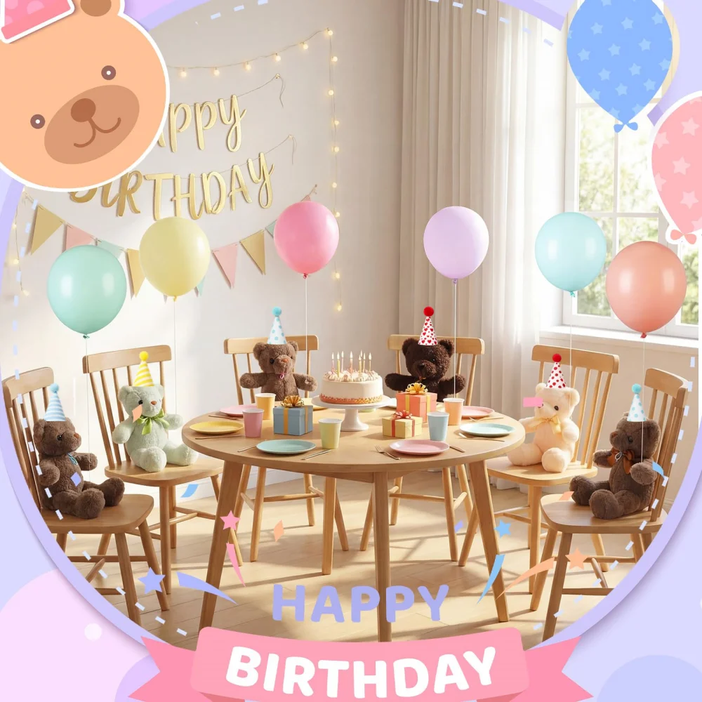 4-8Sets 9.8Inch Teddy Bear Stuffed Animal Mini Party Hats and Pastel Balloon Ribbon for Birthday Party Baby Shower - view 2