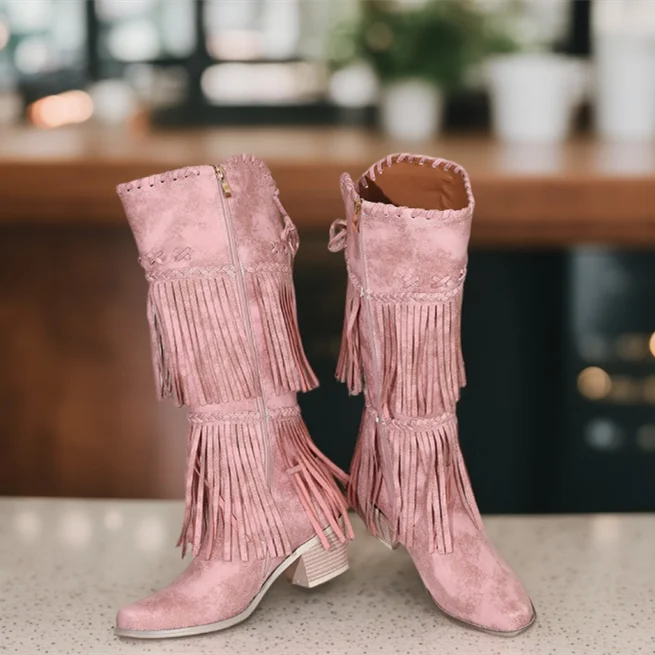 

2025 Chengdu Handmade Shoes Medieval Vintage Tassel Knitting Embroidered Short Heel 5CM Comfortable Knight in The Boot