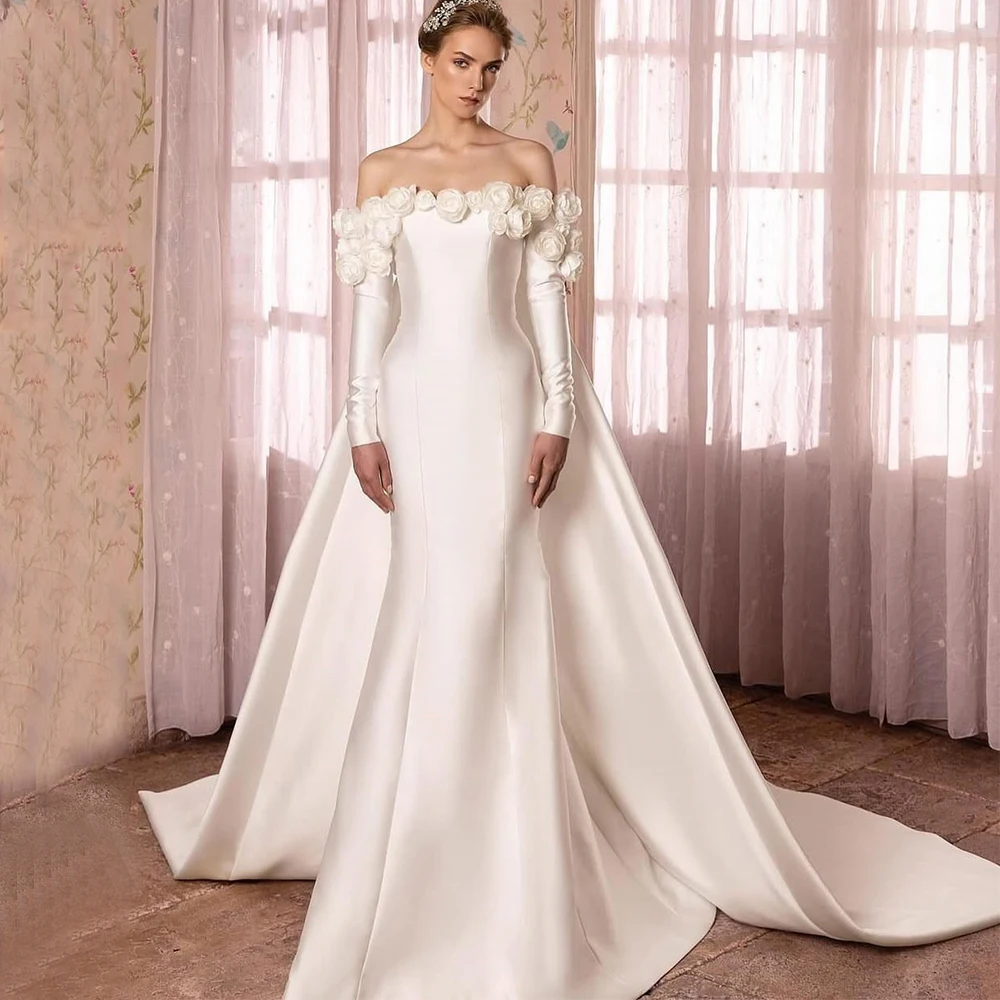 

Gorgeous Off the Shoulder Wedding Dress Exquisite 3D Flower Long Sleeve Mermaid Bride Customized Satin Floor Length Gowns