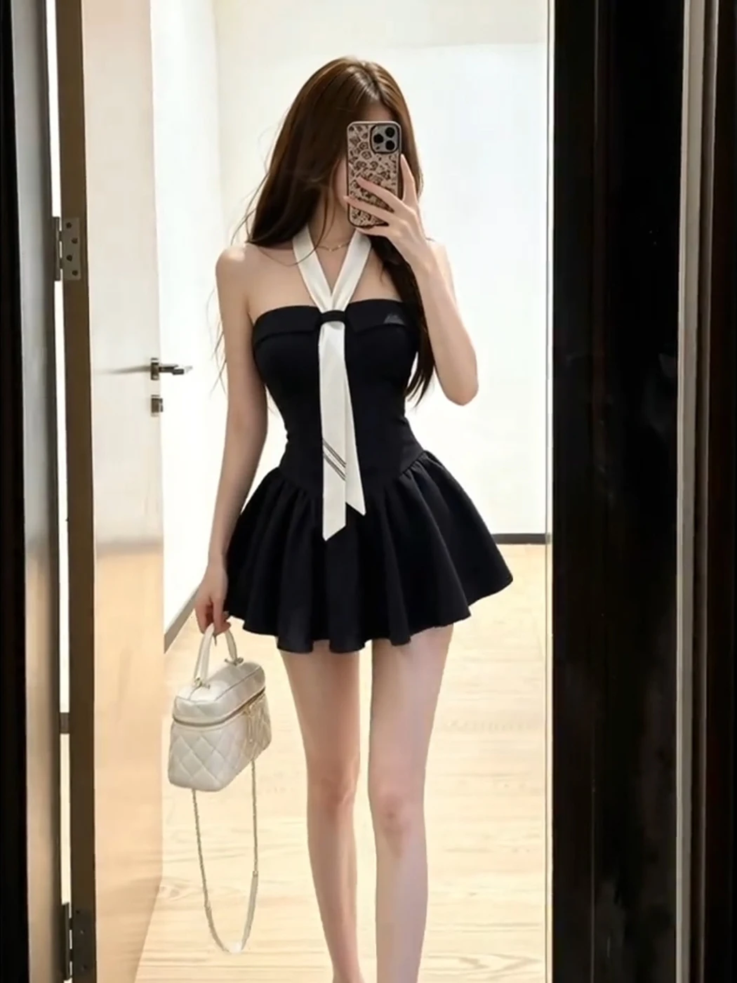 

Korean Sweet Pure Desire Style Women's Summer Sexy Slim Fit Halter Neck Strapless A-Line Skirt Two-Piece Set