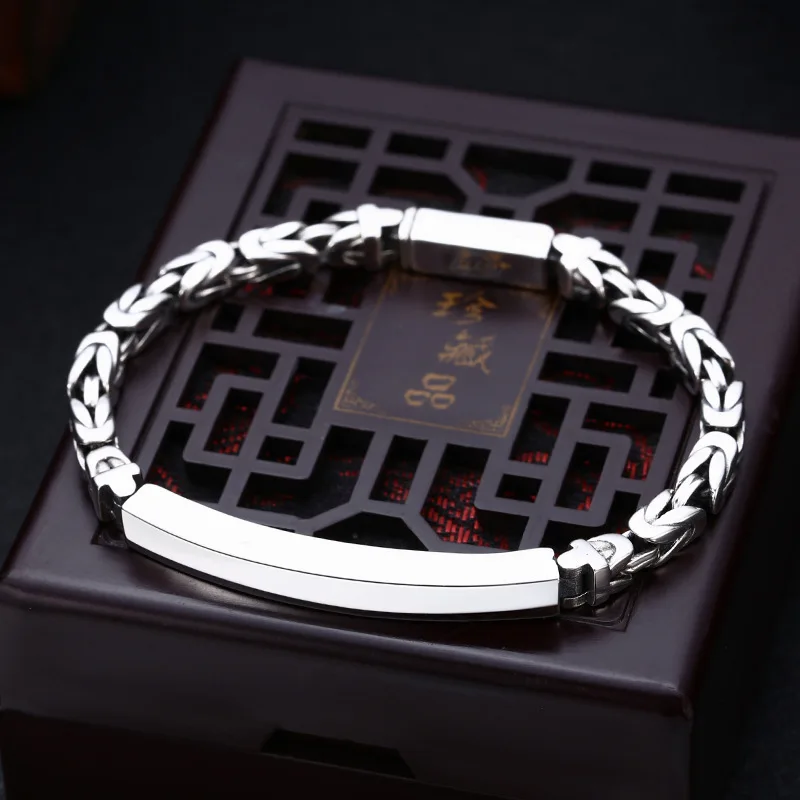 

S925 Sterling Silver Men's and Women's Personalized Peace Pattern Knitted Smooth Face Sign Engraved Bracelet Couple Simple Handi