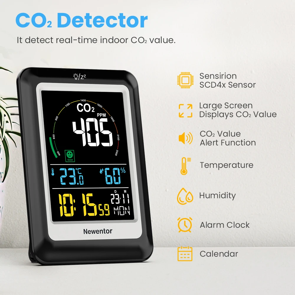 Newentor CO2 Monitor Indoor Air Quality Meters Carbon Dioxide Detector with Voice Alert Digital Temperature Humidity Sensor