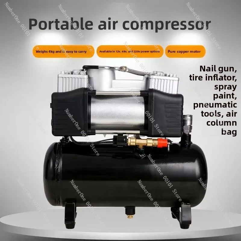 Mini air compressor, small car pump with tank, 12V/220V, portable air pump for home and electric vehicles