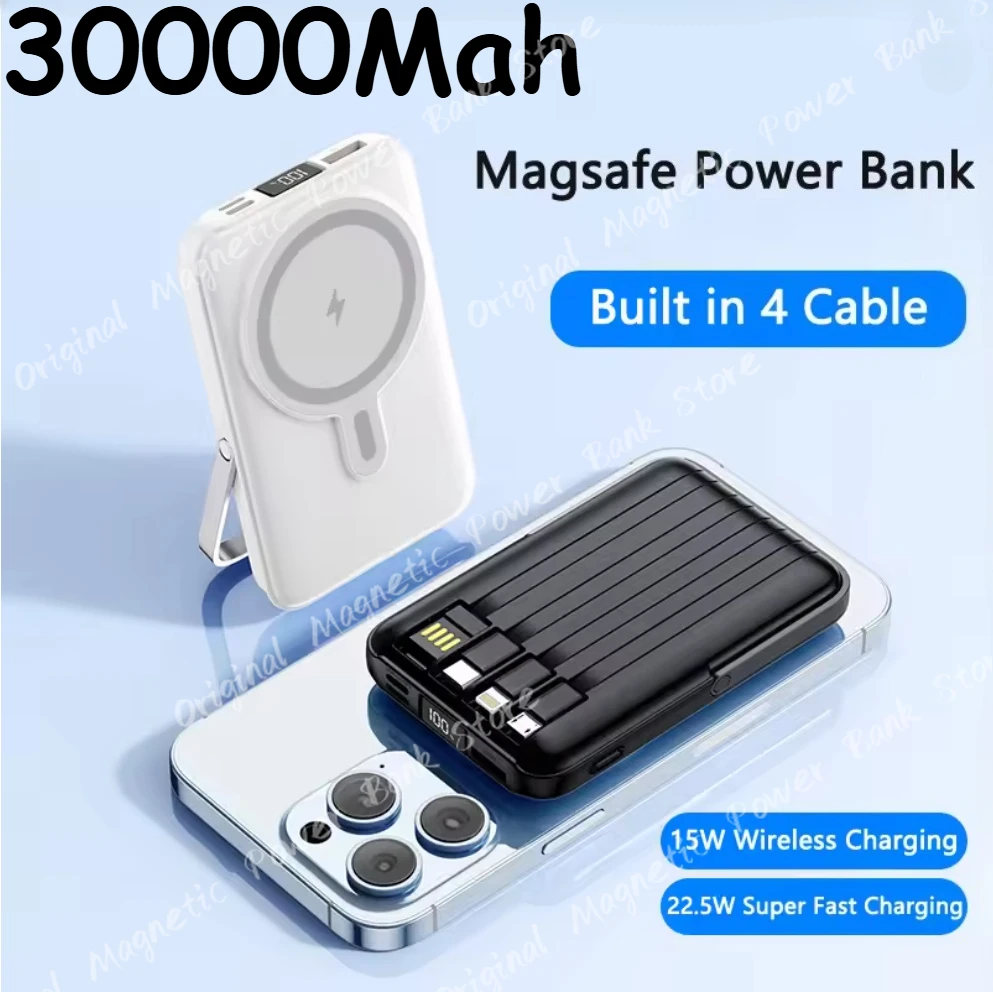 

Магнитный беспроводной внешний аккумулятор Magsafe Power Bank 30000 мАч с подставкой для кабеля для iPhone 16, портативное индукционное зарядное устройство Xiaomi Samsung