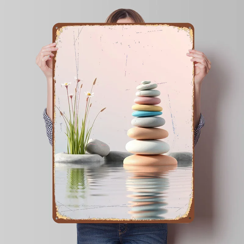 Zen Stones and Flowers in Water Metal Poster Customized Wall Art Retro Vintage Tinplate Signs for Man Cave Home Decorations Room