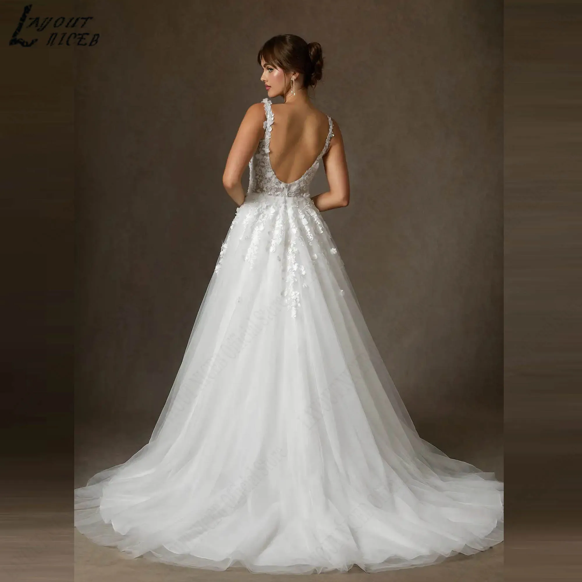 Sleeveless Square Neck Ball Gown Romantic A-line Appliques Tulle Wedding Dress for Bride Low Back Elegant vestidos Customized
