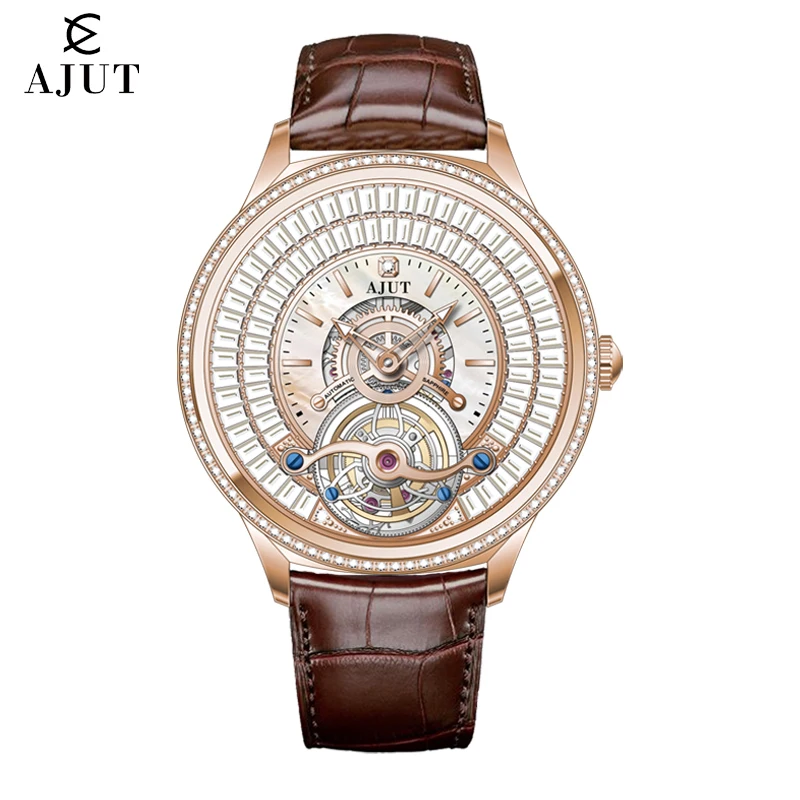 AJUT 0398 Luxury Woman Watch Automatic Tourbillon Mechanical Sapphire Inlaid With Zircon Dial Watches For Woman Fashion Skeleton