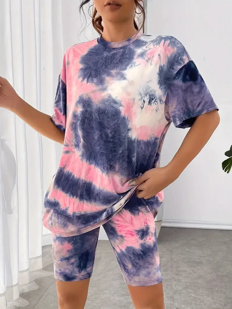 Roupa de impressão personalizada Tie Dye para mulheres, gola redonda, manga curta, estiramento, poliéster, casual, relaxado, plus size, 2 pcs