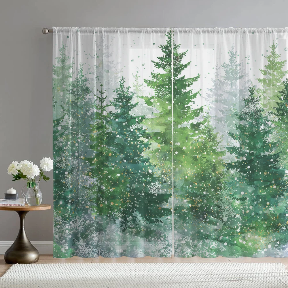 2Pcs Watercolor Style Pine Tree And Snowflake Print Home Decoration Window Screens Suitable For Coffee Shops, Restaurants