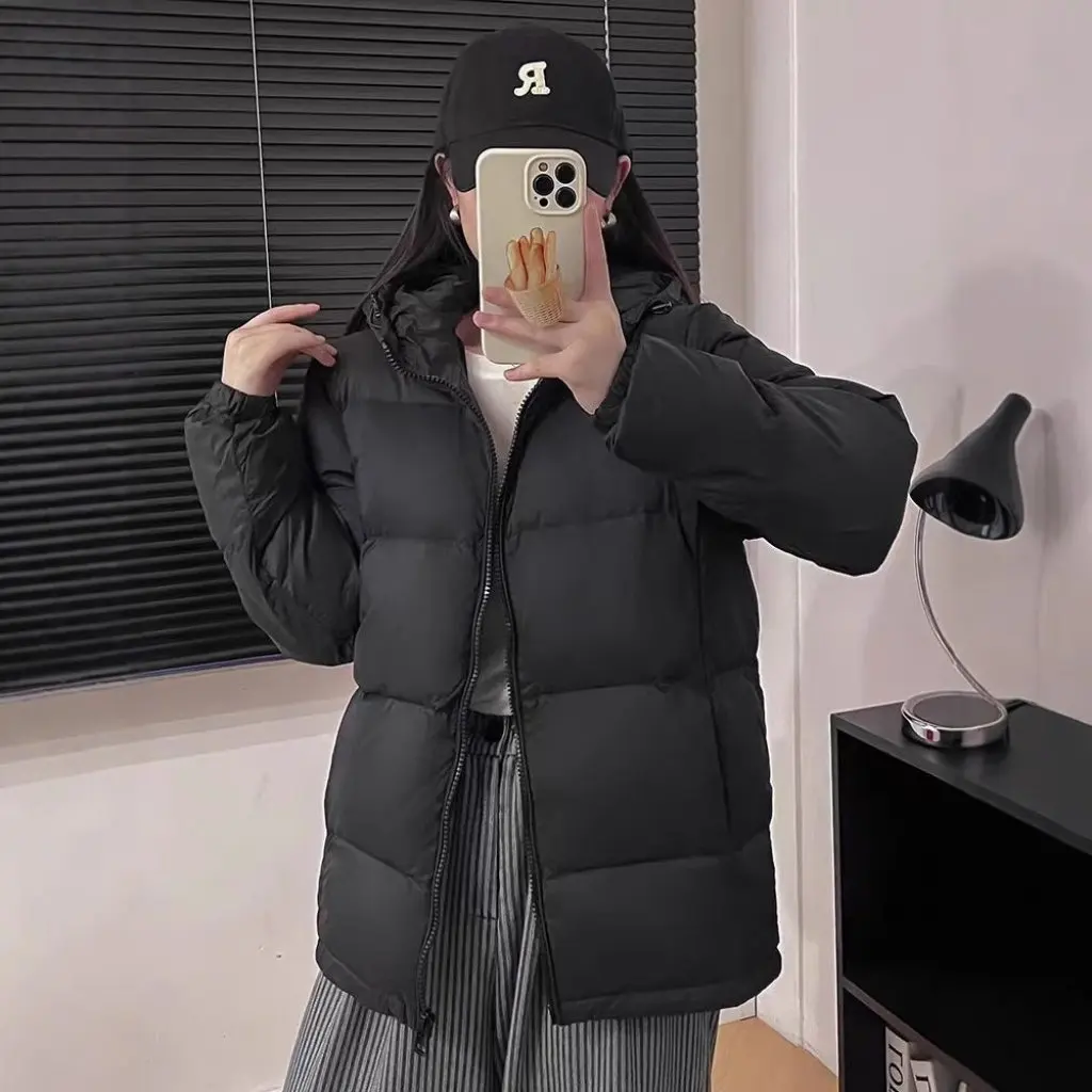 

Women's Black Hooded Cotton-Padded Coat Winter Thickened Warm Solid Color Korean Style Cold-Proof Couple's Bread Coat