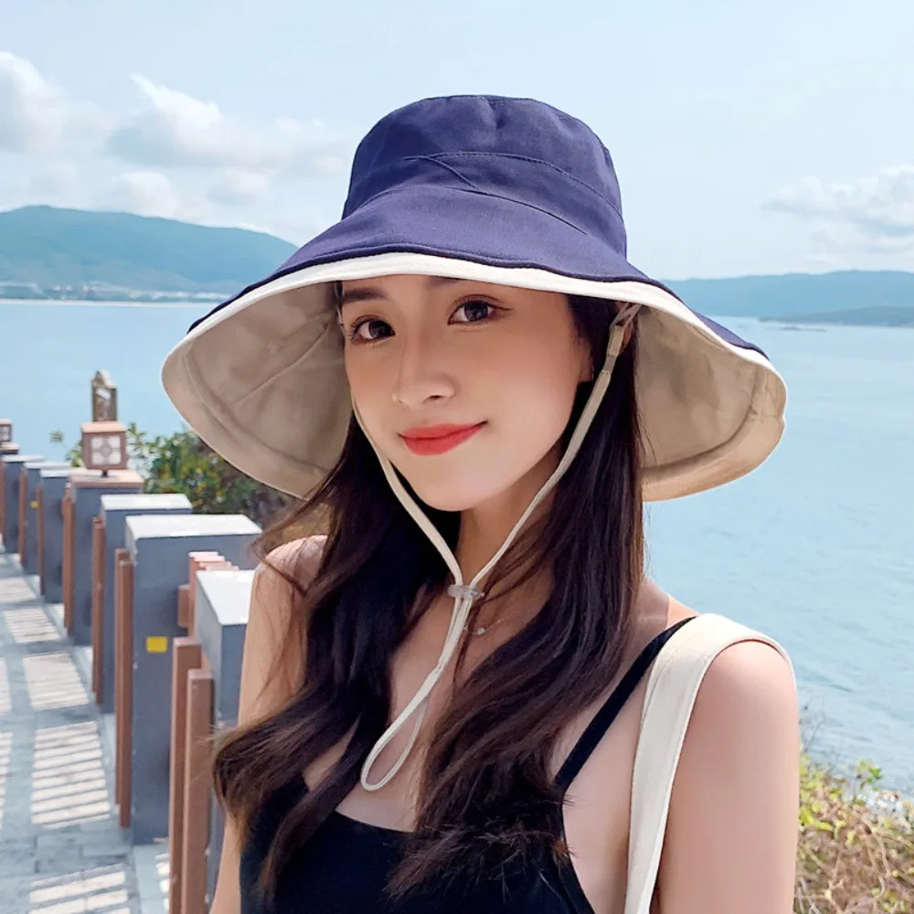 

Двусторонняя рыбацкая шляпа с широкими краями, универсальная складная женская шляпа от солнца, съемная ветрозащитная веревка, мягкая женская пляжная кепка от солнца