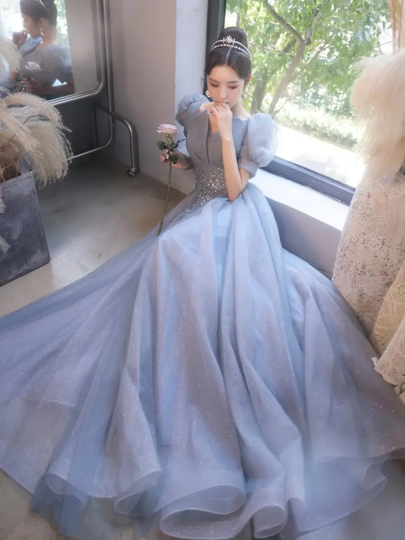 Fashion Light Blue Women Wedding Party Dress Fairy Lady Birthday Tulle Ball Gown Flower Applique Puff Sleeve Maxi Evening Frock