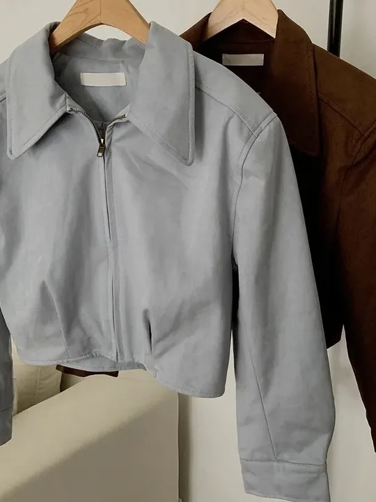 

Retro Autumn Winter Zipper Collar Chic Loose Suede ort Jaet Women's Open Cardigan Korean Sle Faionable Outerwear