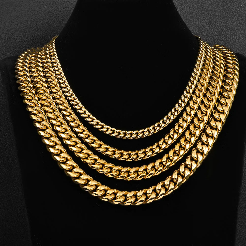 

HHIOk 8-14mm Monaco Chain Stainless Steel Diamond Buckle Round Mirror Grinding Iced Zircon Clasp 14K Gold PVD Plated Necklace