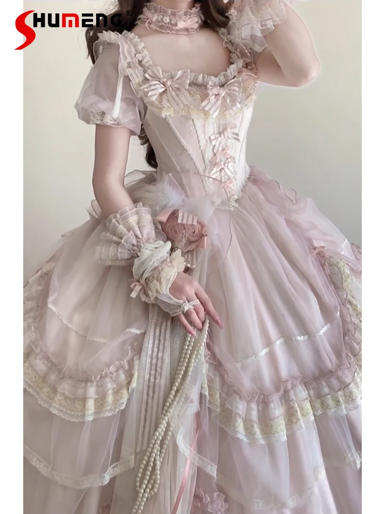 

Sweet Wedding Pink Long Dress Summer Women's Slim Elegant Cute Bow Ruffle Edge Maxi Dress Princess Style Lolita Dresses Op