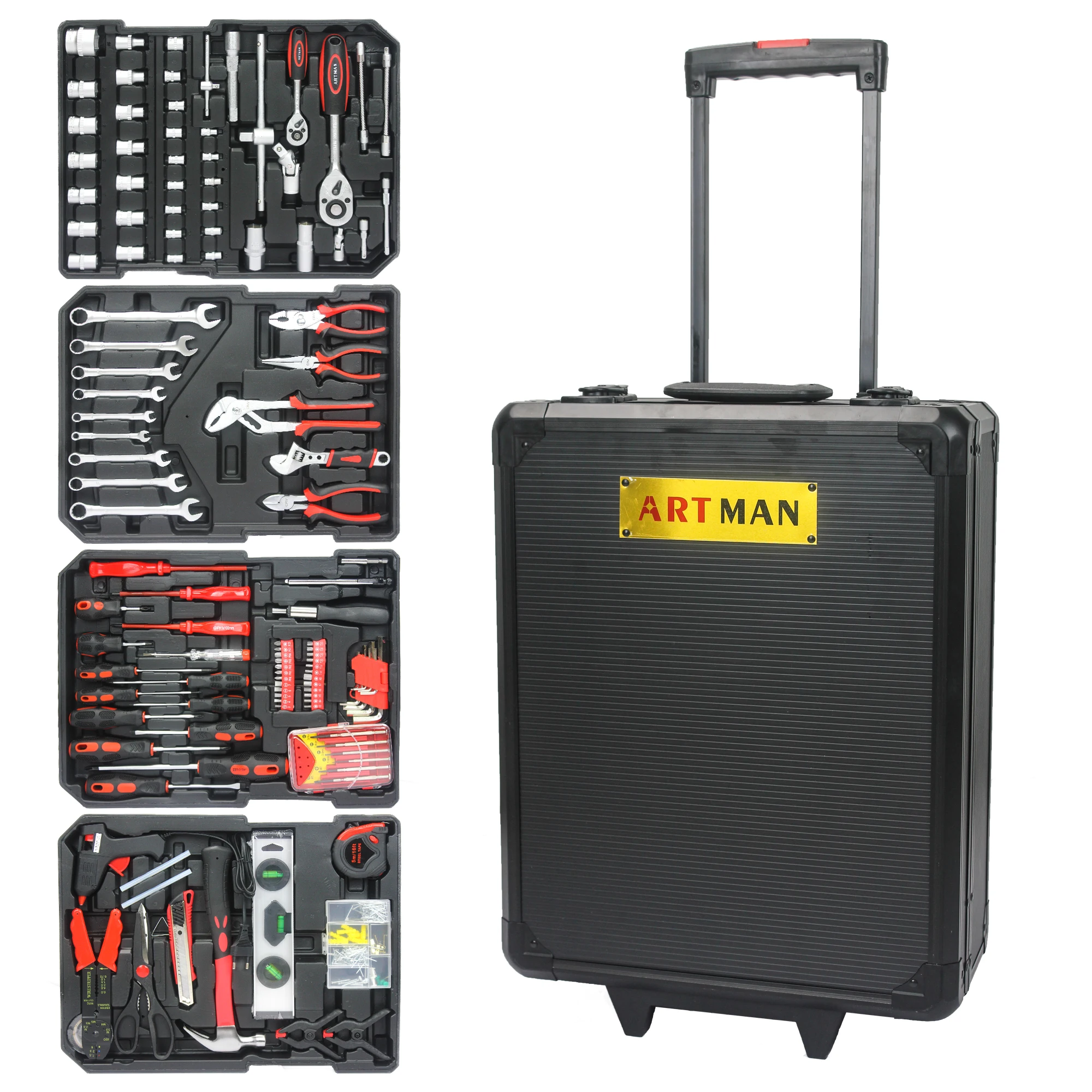 899 Pcs Aluminum Trolley Case Tool Set, with 4 Drawers and Wheels for Household Repairs, Auto Maintenance, Construction, Garden