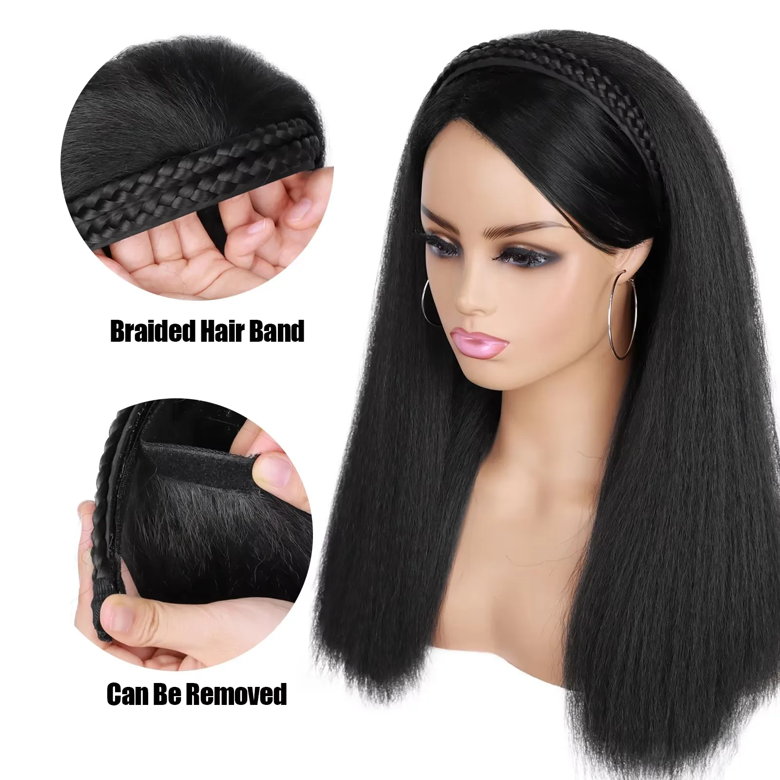 Mezza parrucca diritta Yaki con capelli intrecciati Parrucca diritta crespa per donne nere Parrucche sintetiche resistenti al calore per l'uso quotidiano