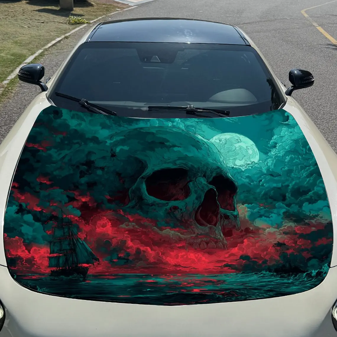Nether Sea Skull Red Moon Lone Boat Car الفينيل التفاف، المواد البلاستيكية مقاوم للماء ملصق غطاء السيارة، ذاتية اللصق مقاومة للخدش St