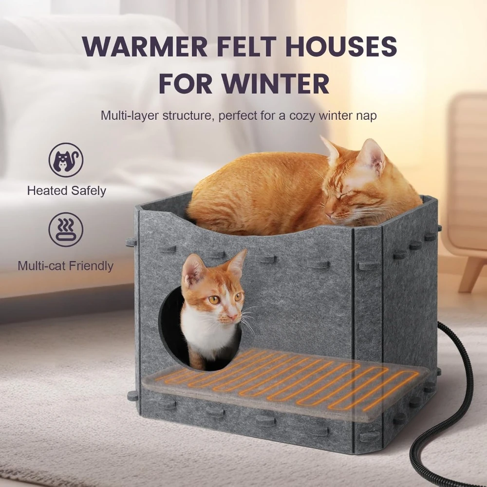 Sturdy Felt Heated Cat Cave with Heating Pad,Scratch Resistant Cat House Up to 30lbs,Large Indoor Cat Beds