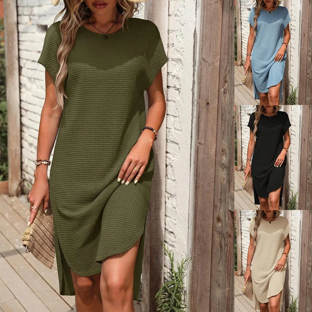 

Women's Waffle Knit Tunic Dress Short Sleeve Crew Neck Side Split Casual Loose Midi Dress