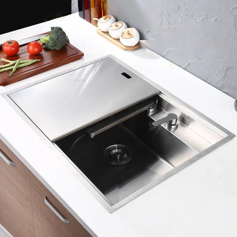 Hidden Stainless Steel Kitchen Sinks Modern Kitchen Accessories with Cover Kitchen Sink Dish Drainer Light Luxury Single Tank L