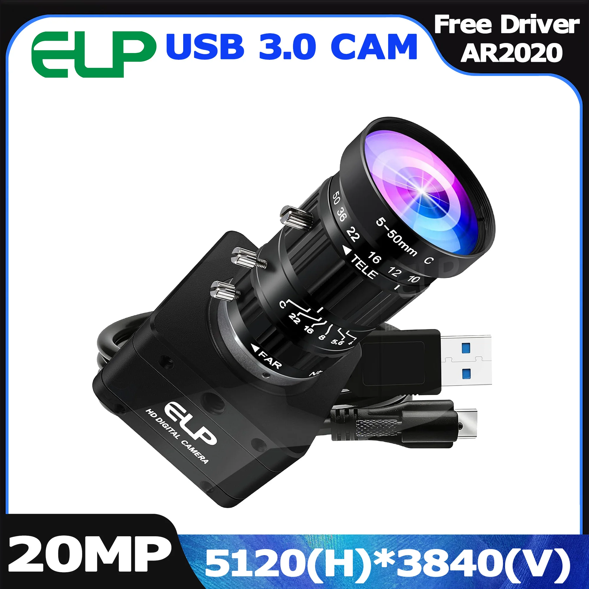 ELP 20MP 5120x3840 USB 3.0 Industrial Webcam CS Mount 3X/5X/10X Manual Zoom Lens PC Camera for Video Conference Home Office