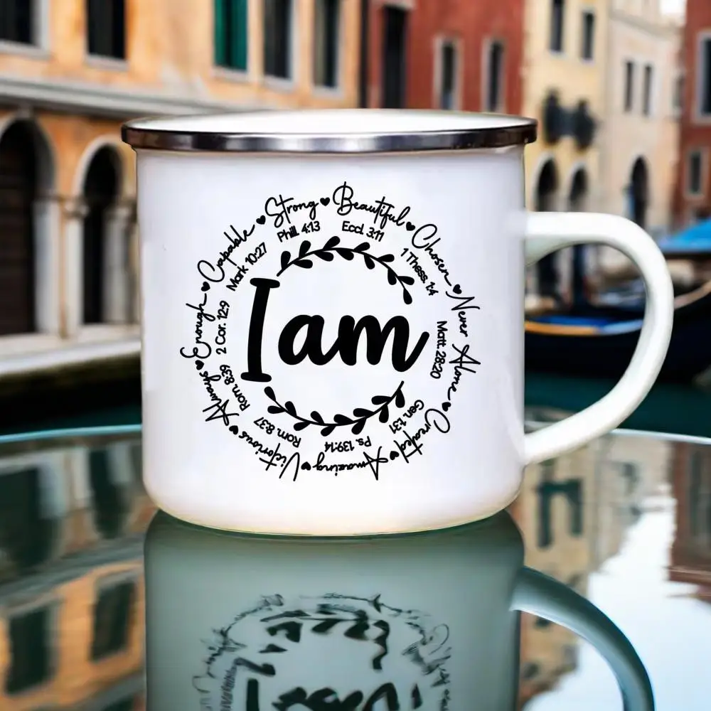 I Am/you Are Strong Beautiful Christian Enamel Mugs Outdoor Travel Coffee Cup Drink Dessert Milk Vintage Handle Drinkware Gifts