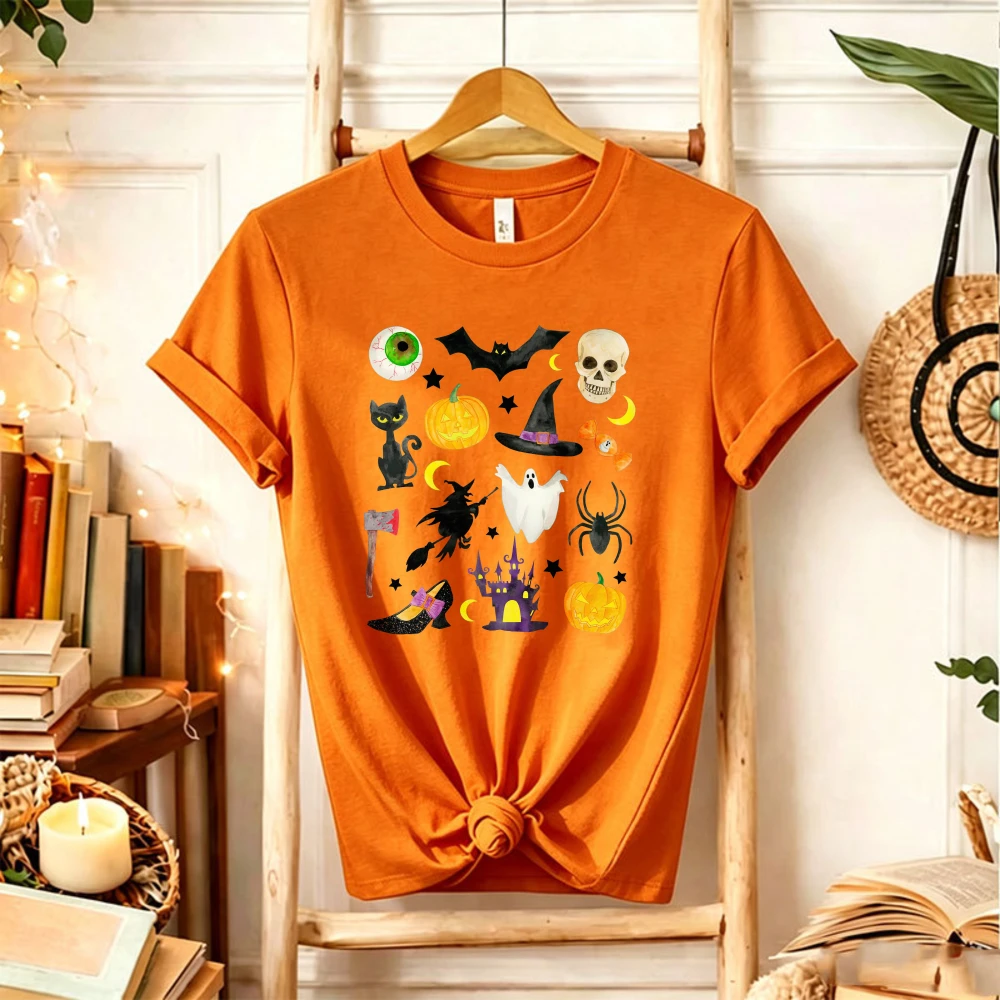 Halloween Collage Graphic T‑Shirt Spooky Mix Ghost Pumpkin Bat Witch Black Cat Skull Spider Eyeball Haunted House Holiday Tops