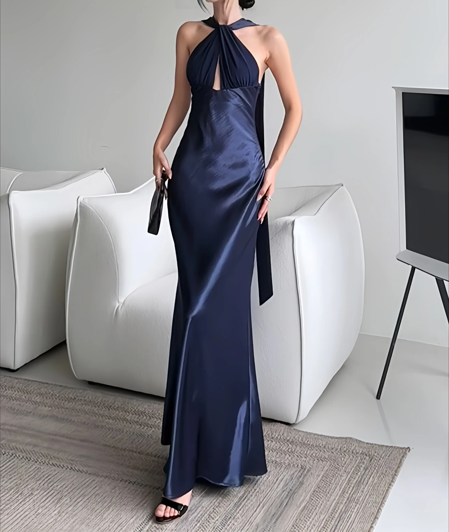 Vestido azul oscuro con tirantes para mujer, Espalda descubierta, sin mangas, elegante, Maxi, ceñido al cuerpo, diseño de pasarela, ropa larga elegante para mujer