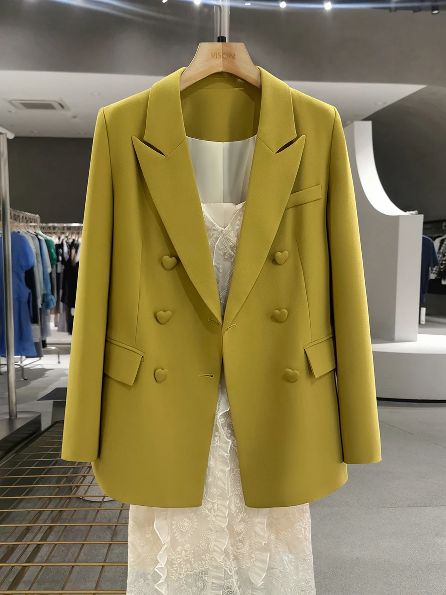 

Женский костюмный пиджак цвета карри для работы, весна-осень, на двух пуговицах, из высококачественного полиэстера, прямого кроя, модный топ