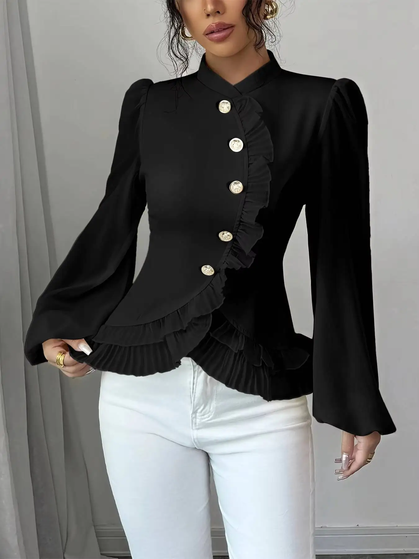 

Spring Summer Women's Blouse Black Ruffled Long Bell Sleeve Gold Buttons Peplum Hem Elegant Retro Chic Daily Party Dating Top