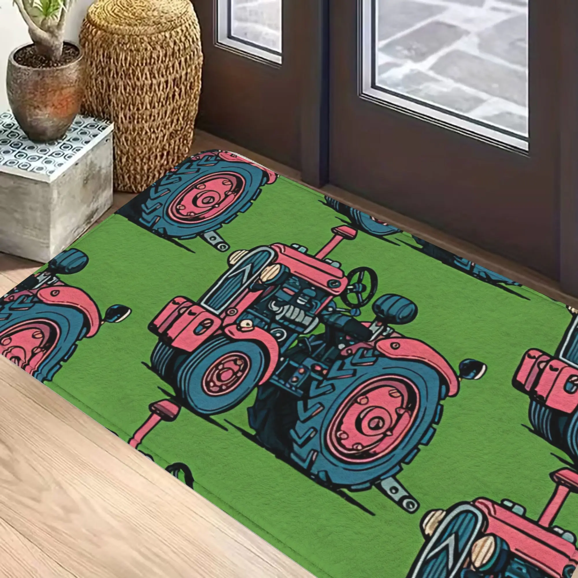 Tractor Doormat – Non-Slip Flannel with Vintage Pink and Blue Green Farm Tractors on Green Background, Entryway Kitchen