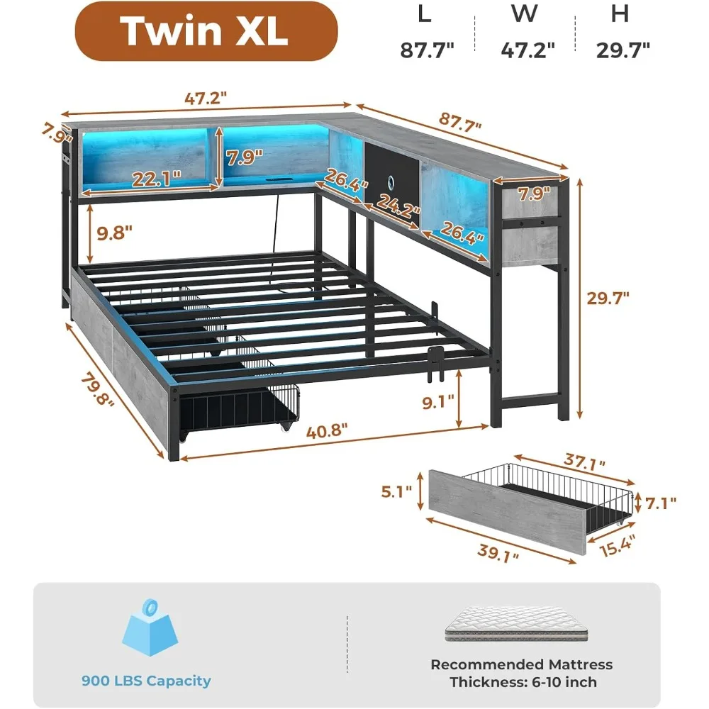 Twin XL Daybed with Storage Headboard 2 Drawers LED Lights Charging Station Kids Teen Platform Bed Frame Oak Gray view 4